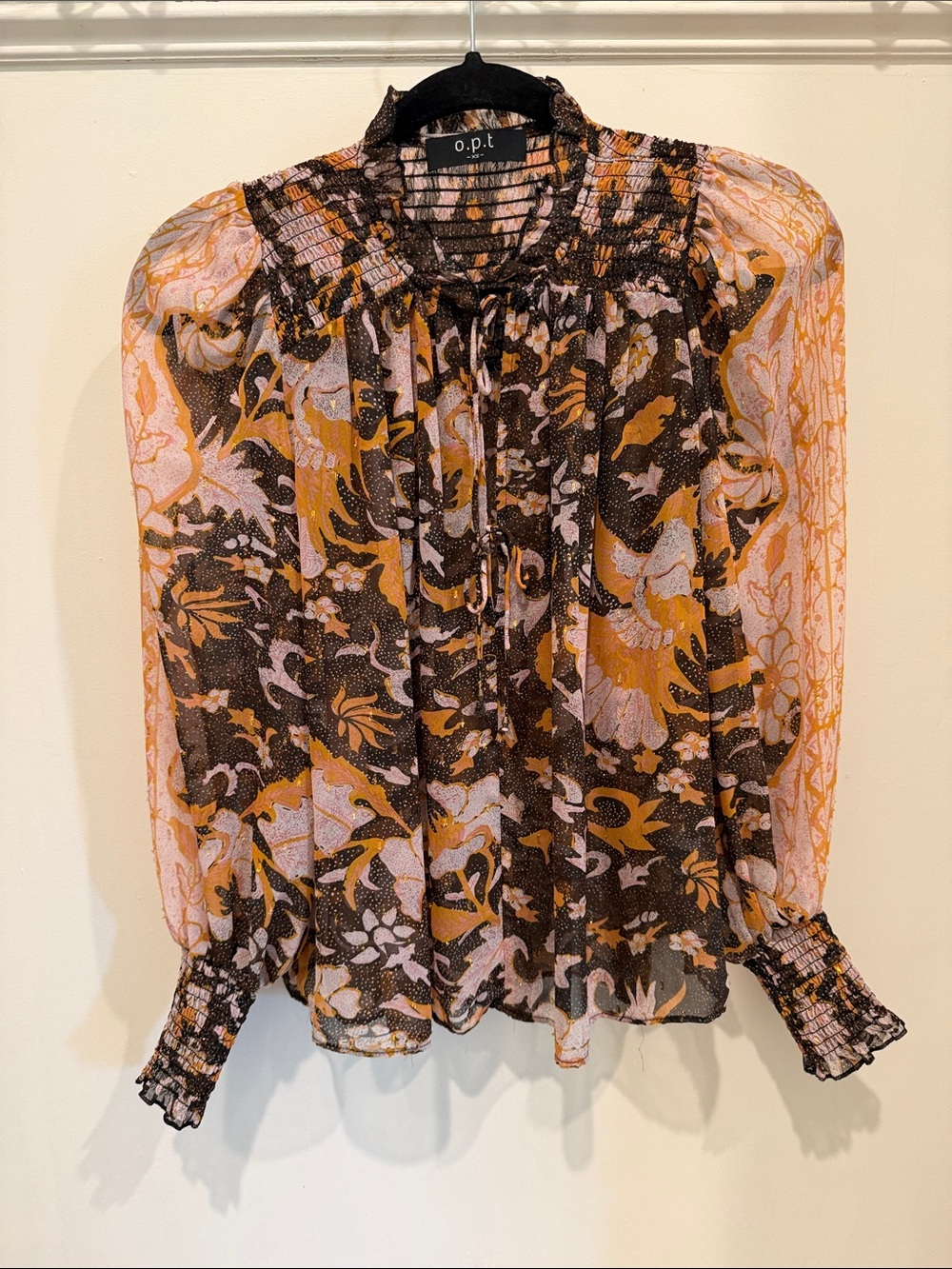 o.p.t Sheer Floral Smocked Neck Blouse in Pink & Brown